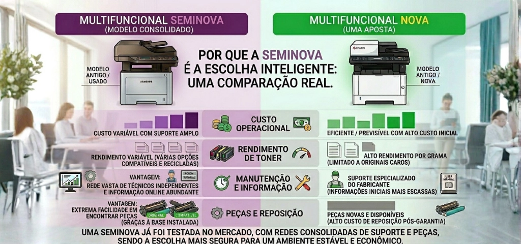 Comparação entre multifuncional a laser nova e usada com foco em custo por página