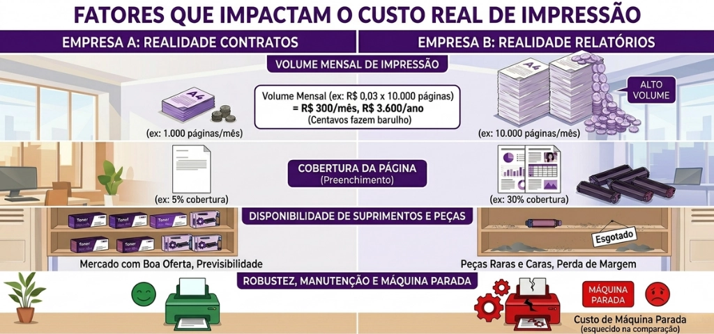 Custo total de impressão e custo por página em multifuncional a laser